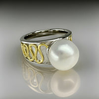 Staircase Full Moon Pearl Ring 9ct Silver and Gold