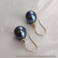 Cultured Freshwater Black Pearl Earrings 9ct Yellow Gold fine hooks 