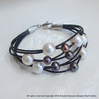 Cultured Pearl Leather Bracelet - White and Black Pearls