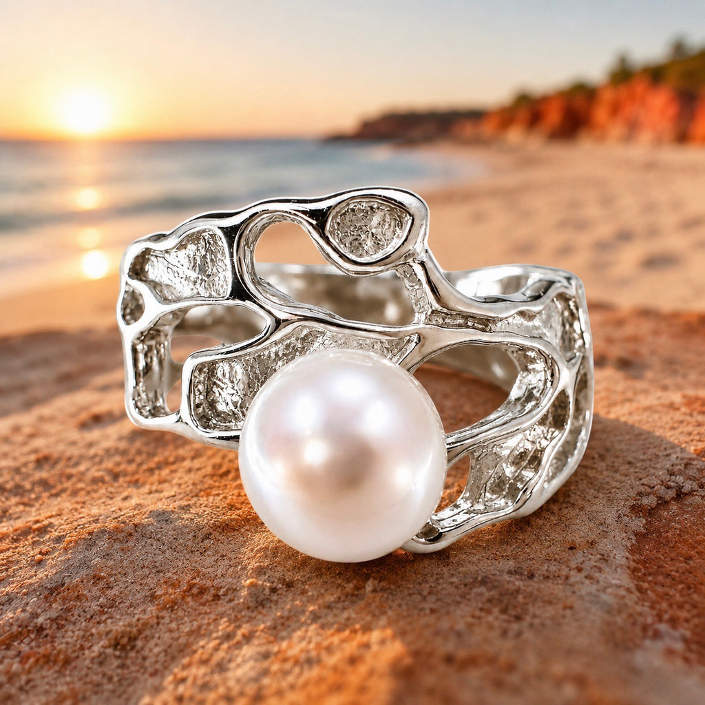 Cultured Freshwater Pearl Silver Seaweed Ring 