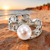 Cultured Freshwater Pearl Silver Seaweed Ring 