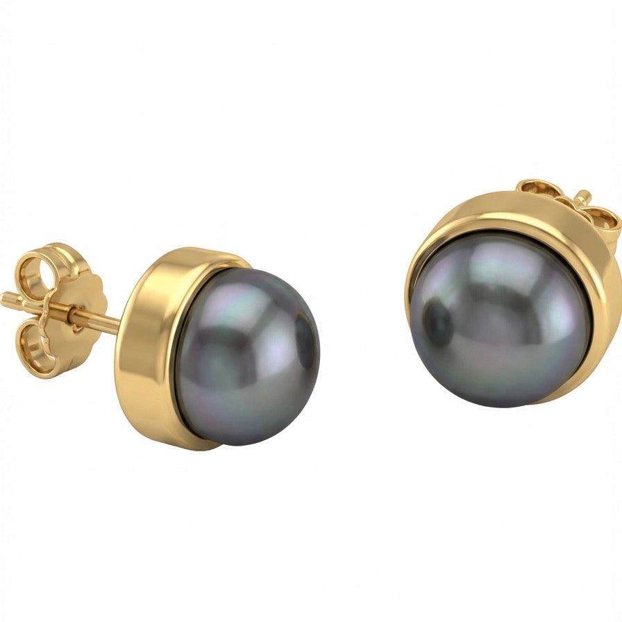 Cultured Freshwater Peacock Black Pearl Studs Gold