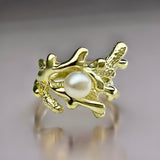 Coral Design Cultured Freshwater Pearl Ring Gold