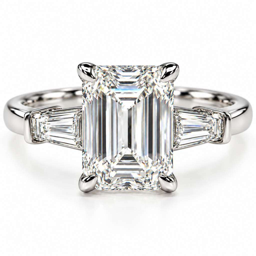 2.09ct Emerald Cut Trilogy Lab Grown Diamond Ring 18K white Gold