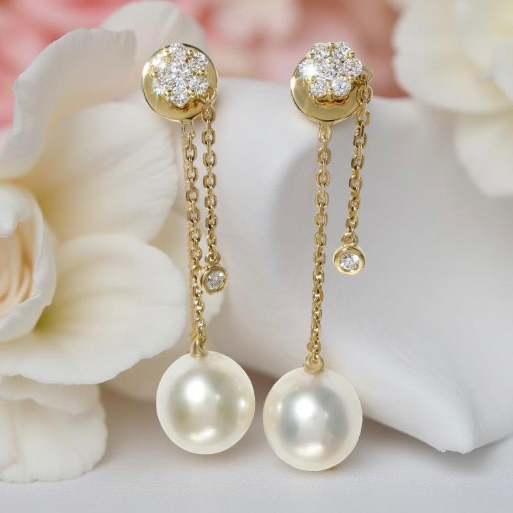 Broome Pearl Diamond Flower Chain 18ct Gold Earrings