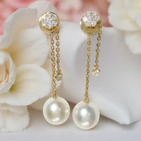 Broome Pearl Diamond Flower Chain 18ct Gold Earrings