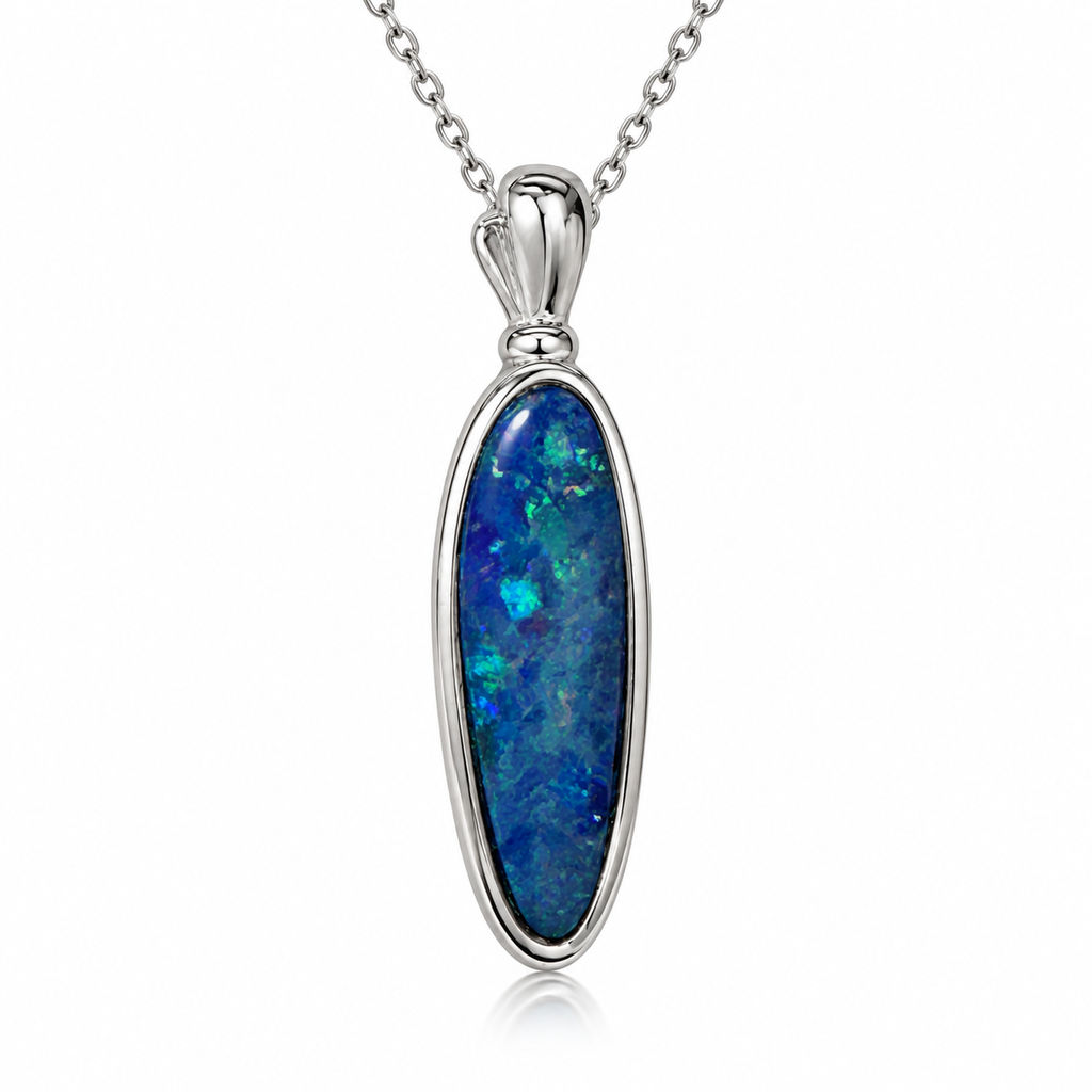 Australian Opal Blue Elongated Sterling Silver Pendant
