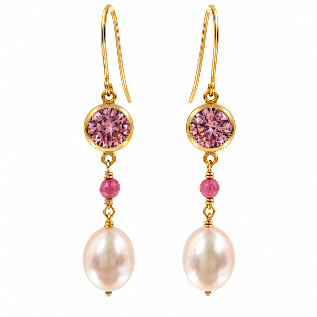 Freshwater Pearl Pink Cubic Zirconia Gold Earrings