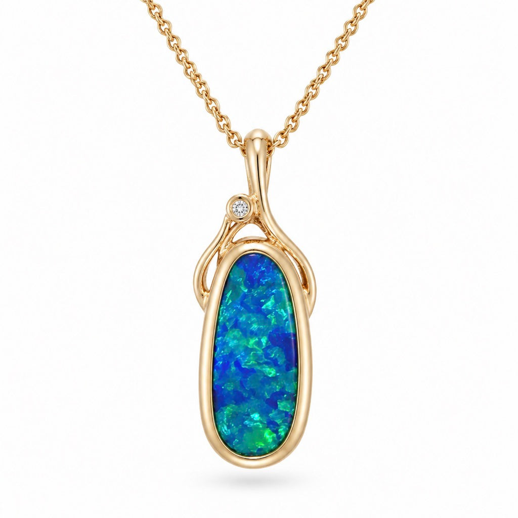 Australian Blue Green Turquoise Opal 14ct Gold Diamond Pendant