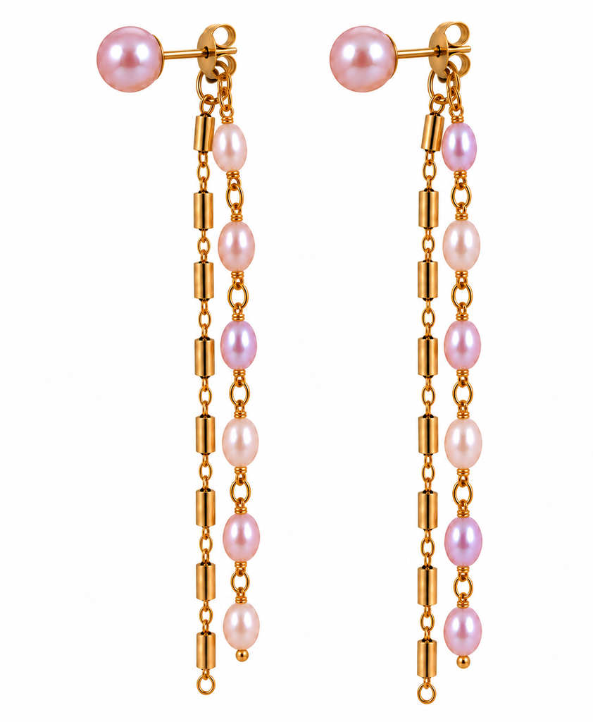 Freshwater Pink Pearl Stud Chain Drop Gold Earrings