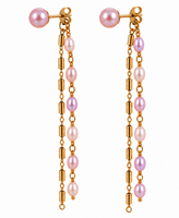 Freshwater Pink Pearl Stud Chain Drop Gold Earrings