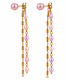 Freshwater Pink Pearl Stud Chain Drop Gold Earrings