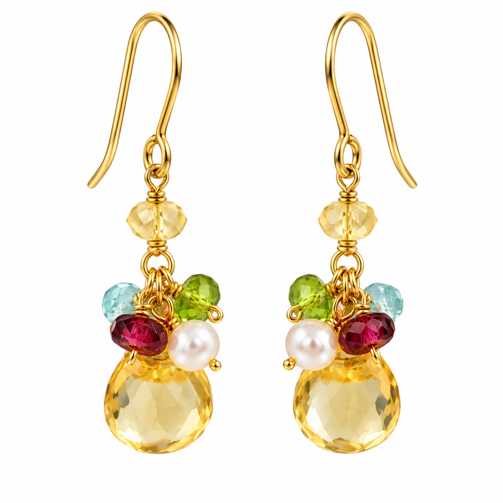 Freshwater Pearl Colourful Gem Chain Drop Hook Earrings