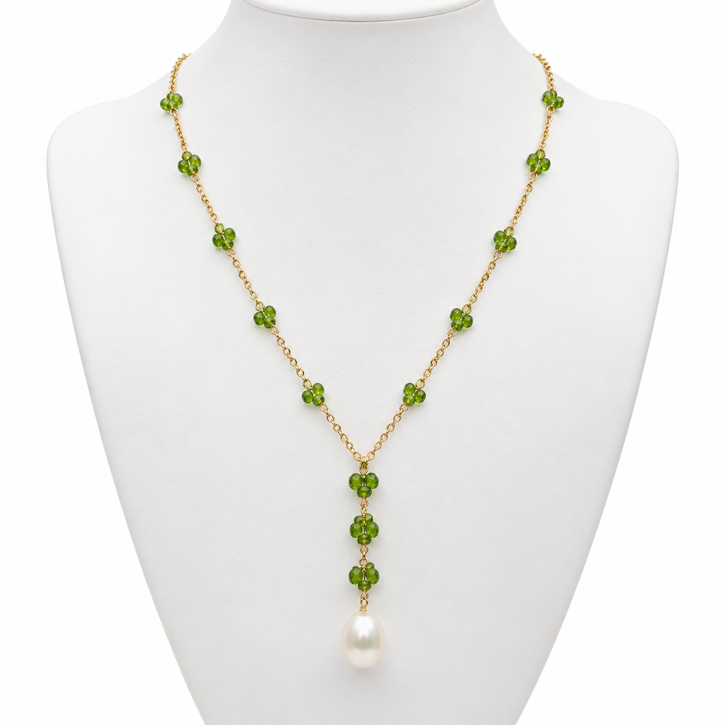 Green Gemstone Flowers & Pearl Drop Necklace