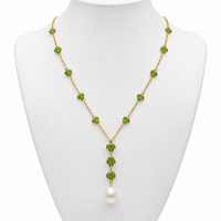 Green Gemstone Flowers & Pearl Drop Necklace
