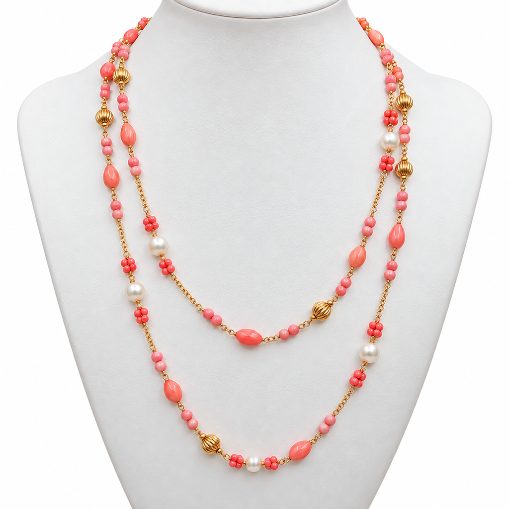 Pink Coral and Pearl Long Gold Necklace