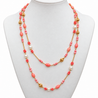 Pink Coral and Pearl Long Gold Necklace