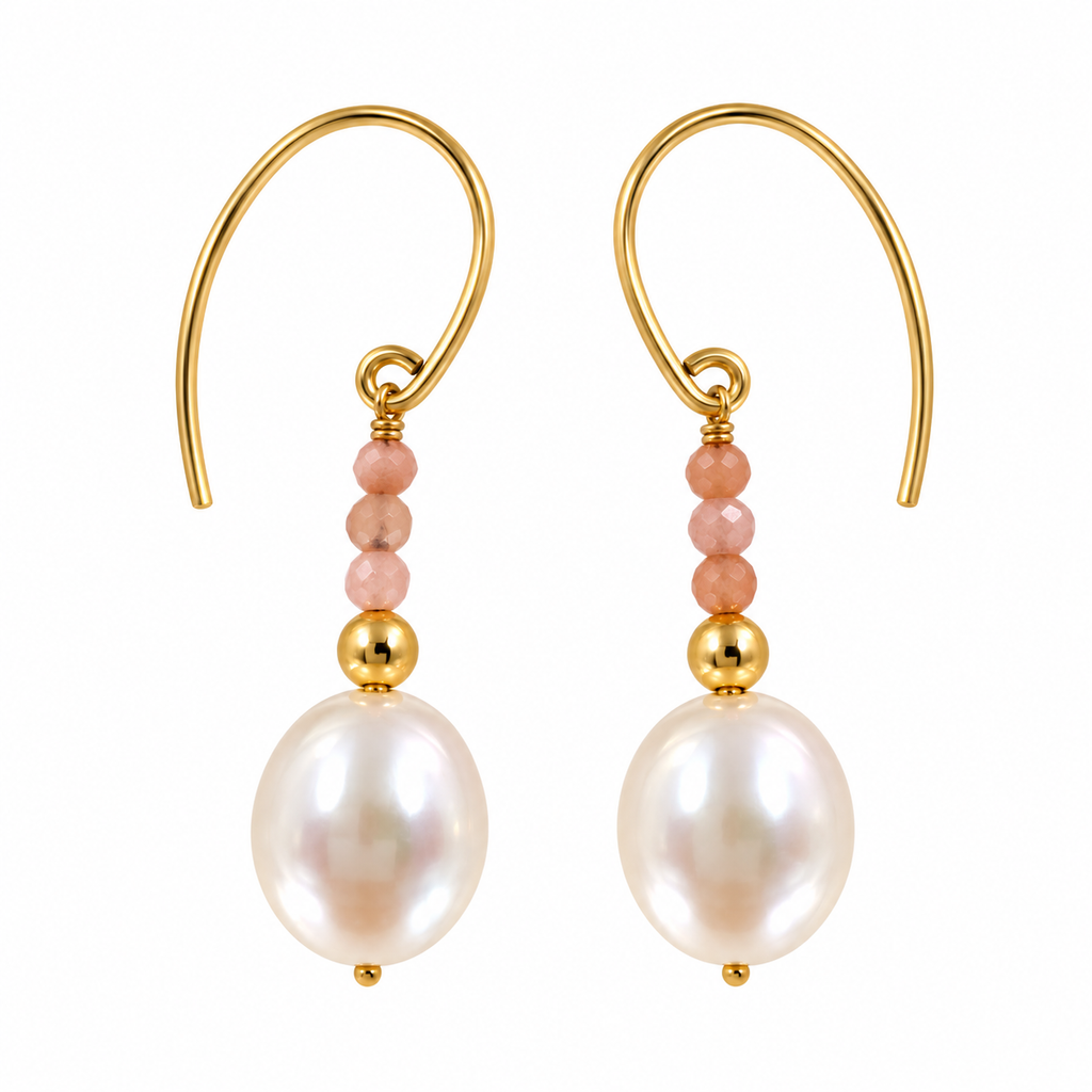 Freshwater Pearl Pink Gemstone Gold Drop Earrings