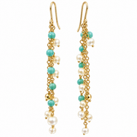 Freshwater Pearl and Turquoise Gold Drop Earrings