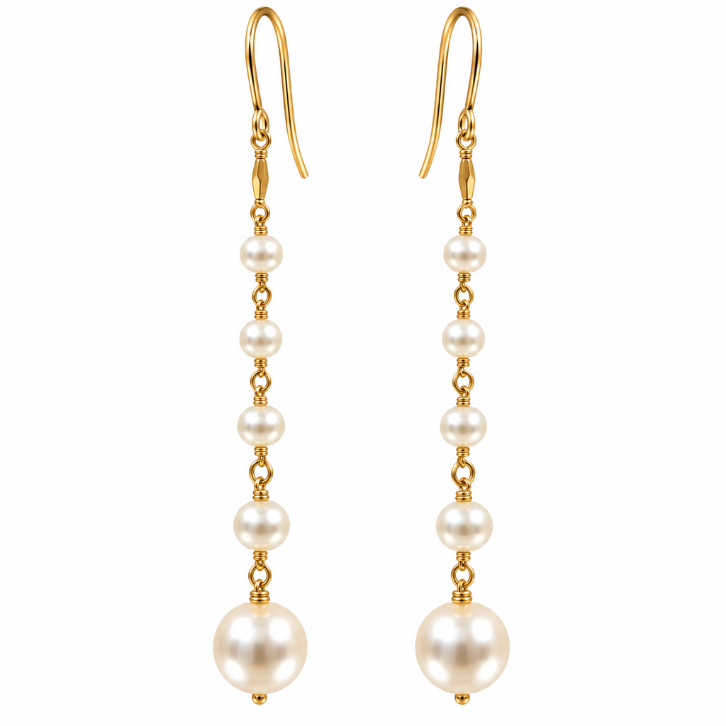 Freshwater Pearl Long Chain Drop Gold Earrings