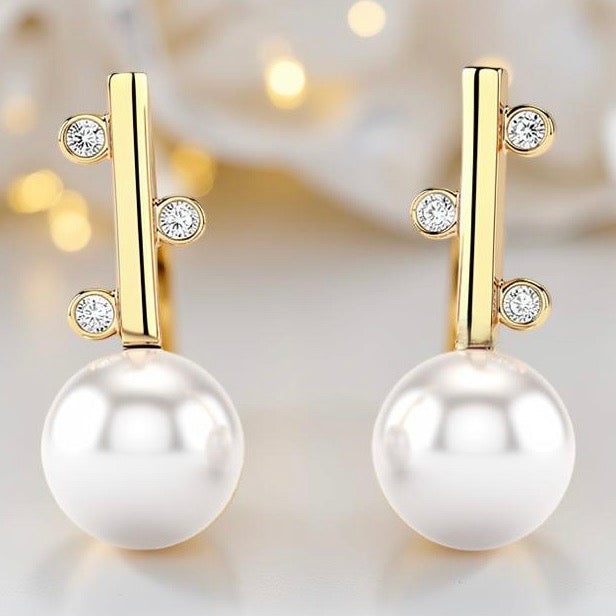 Cultured Pearl and CZ Staircase Pearl Gold Stud Earrings