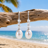 Cultured Freshwater Pearl and Zirconia Silver Hook Earrings