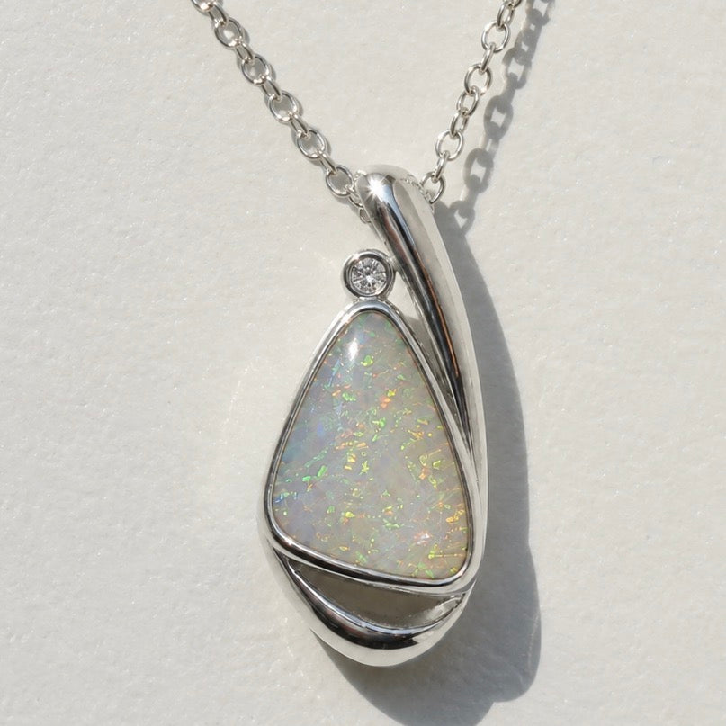 Australian Opal Silvery White Sterling Silver Zirconia Pendant