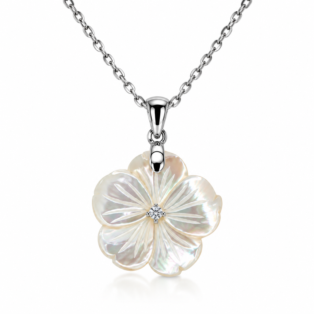 Silver Mother of Pearl Flower Pendant CZ