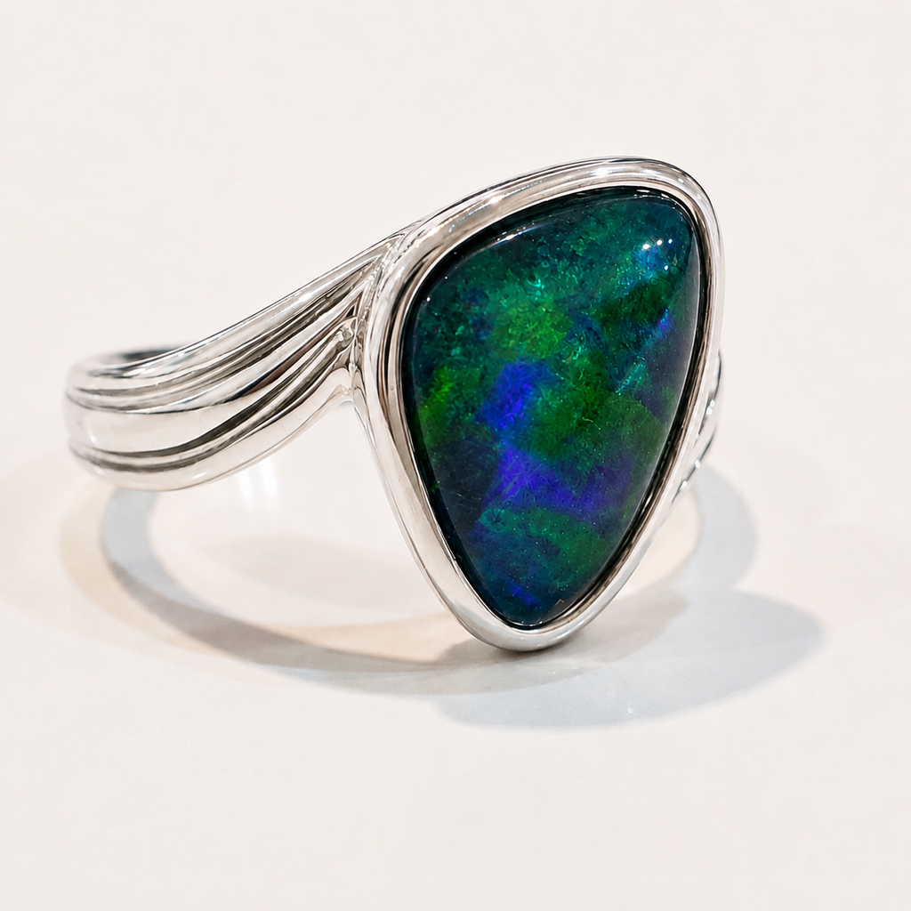 Australian Opal Stunning Blue Green Sterling Swirl Band Ring
