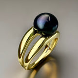 Cultured Freshwater Black Pearl Double Band Ring Gold