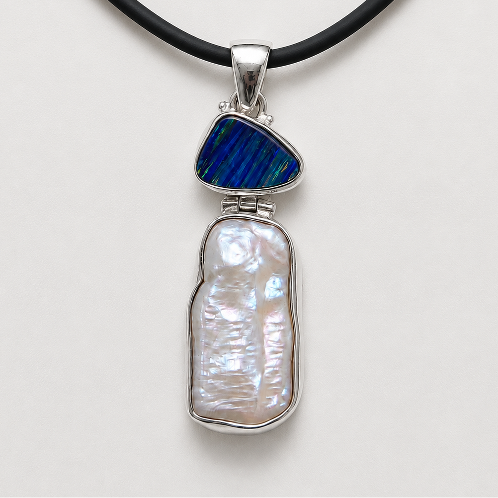 Australian Opal & Baroque Cultured Pearl Sterling Silver Pendant 