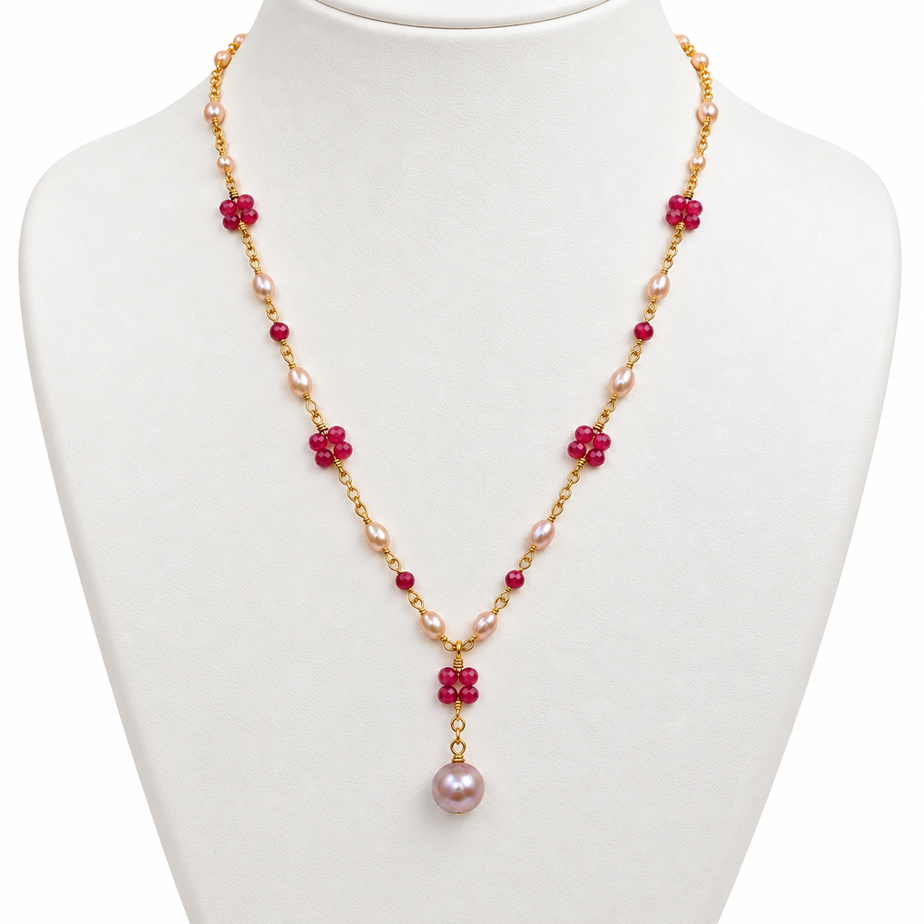 Pink Pearl and Pink Tourmaline Flower Gold Necklace