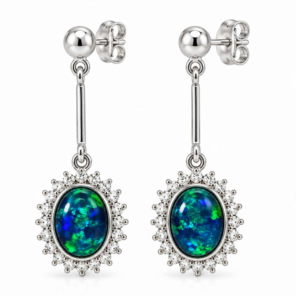 Australian Opal Silver Halo Cubic Zirconia Stud Earrings