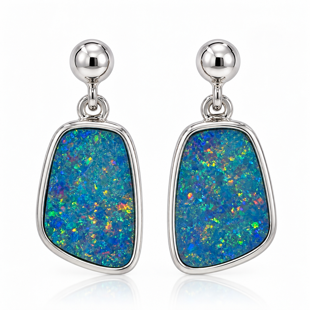 Australian Opal Blue Green Drop Sterling Silver Earrings