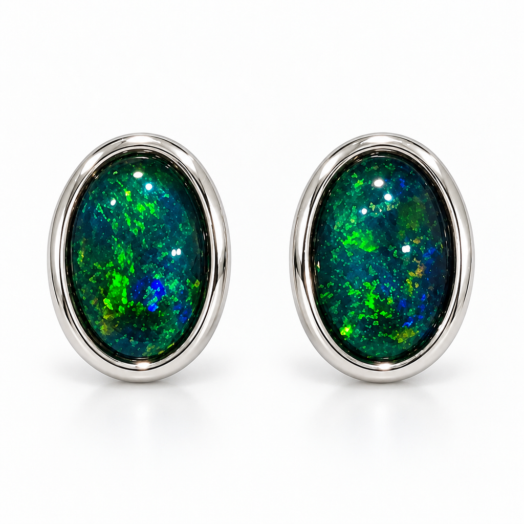 Australian Opal Oval Luminous Green and Blue Stud Earrings
