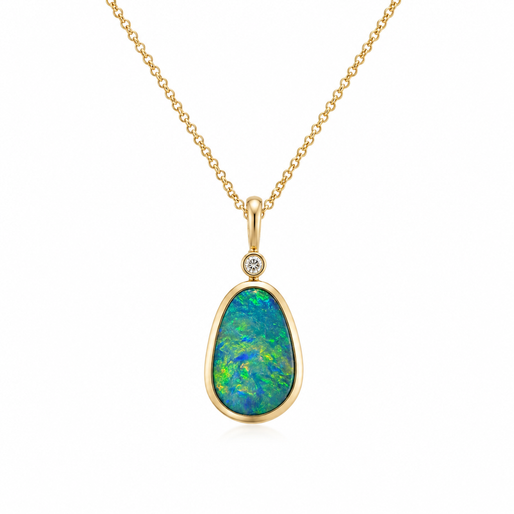 Australian Blue Green Lime Opal 14ct Gold Diamond Pendant