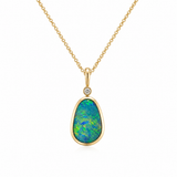 Australian Blue Green Lime Opal 14ct Gold Diamond Pendant