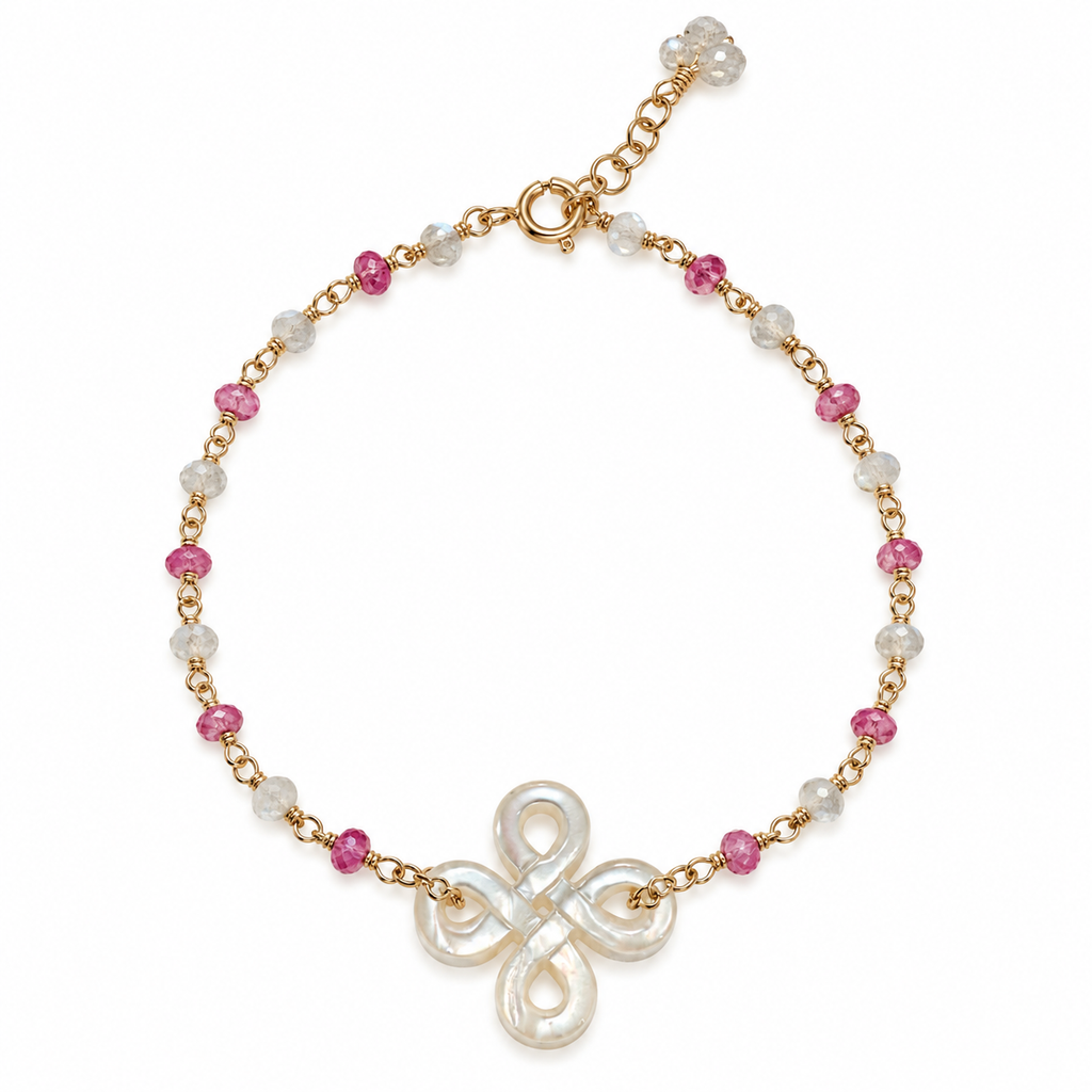 Mother of Pearl, Moonstone & Sapphire Infinity Knot Bracelet