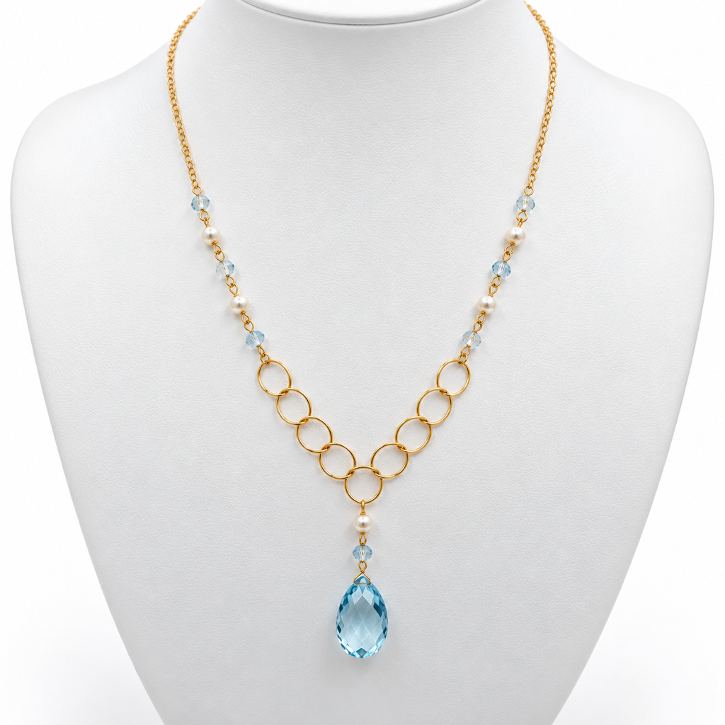 Blue Topaz and Pearl Gold Necklace