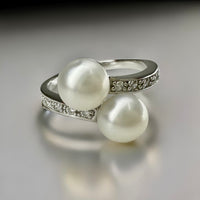 Cubic Zirconia Double Pearl Sterling Silver Ring