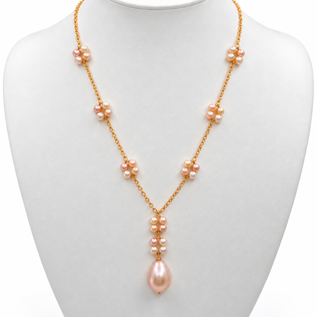 Cultured Freshwater Pink Pearl Flower Gold Necklace
