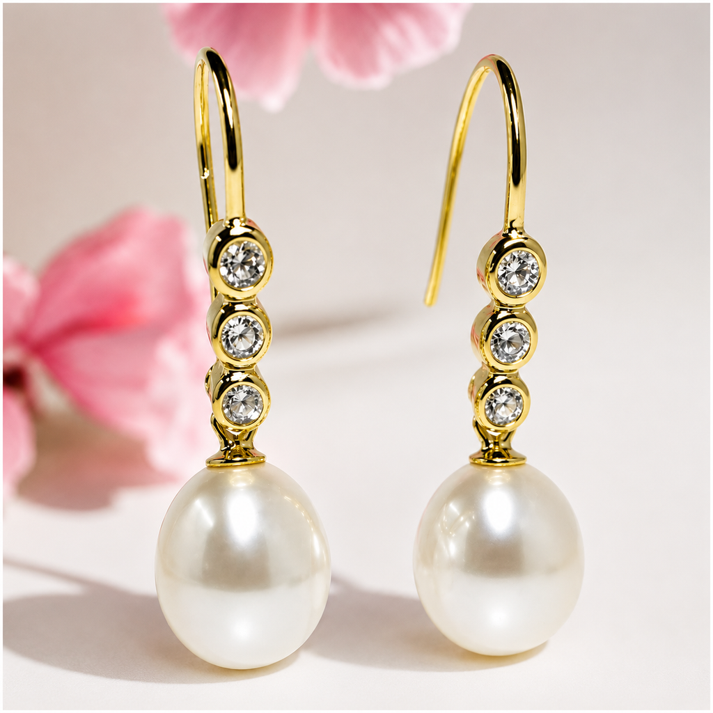 Cultured Freshwater Pearl and Cubic Zirconia Hook Earrings
