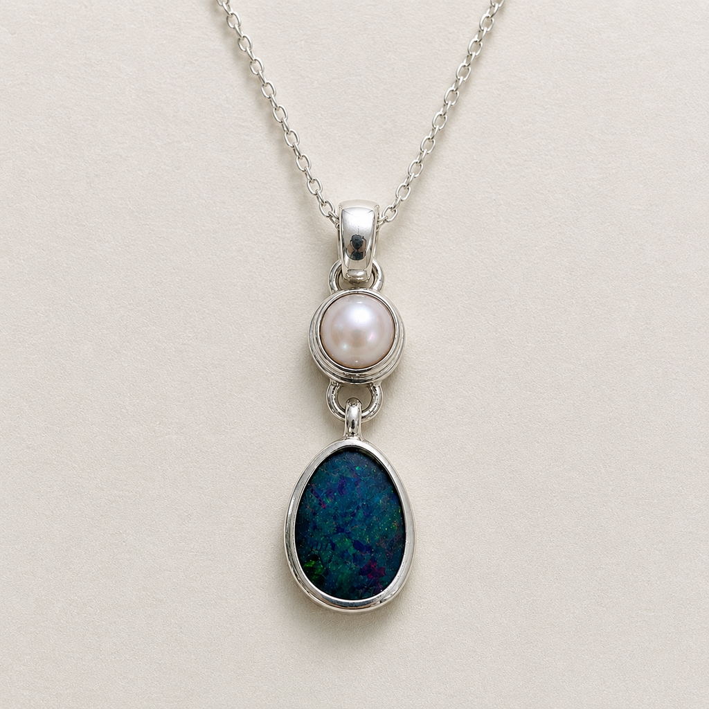 Australian Opal & Baroque Pearl Sterling Silver Drop Pendant