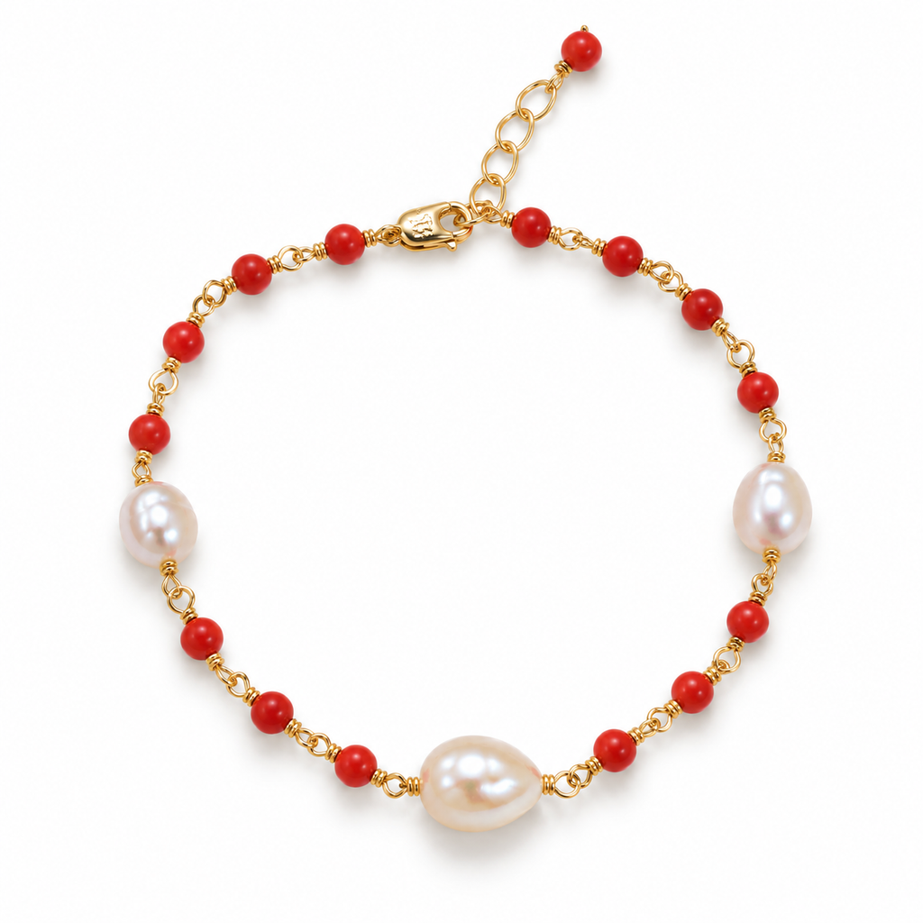 Freshwater Pearl Red Coral Gold Bracelet