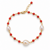 Freshwater Pearl Red Coral Pearl Gold Bracelet