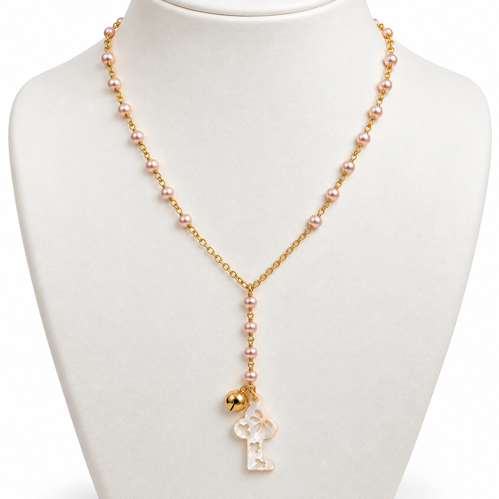 Pink Pearl and Mother of Pearl Key Gold Necklace