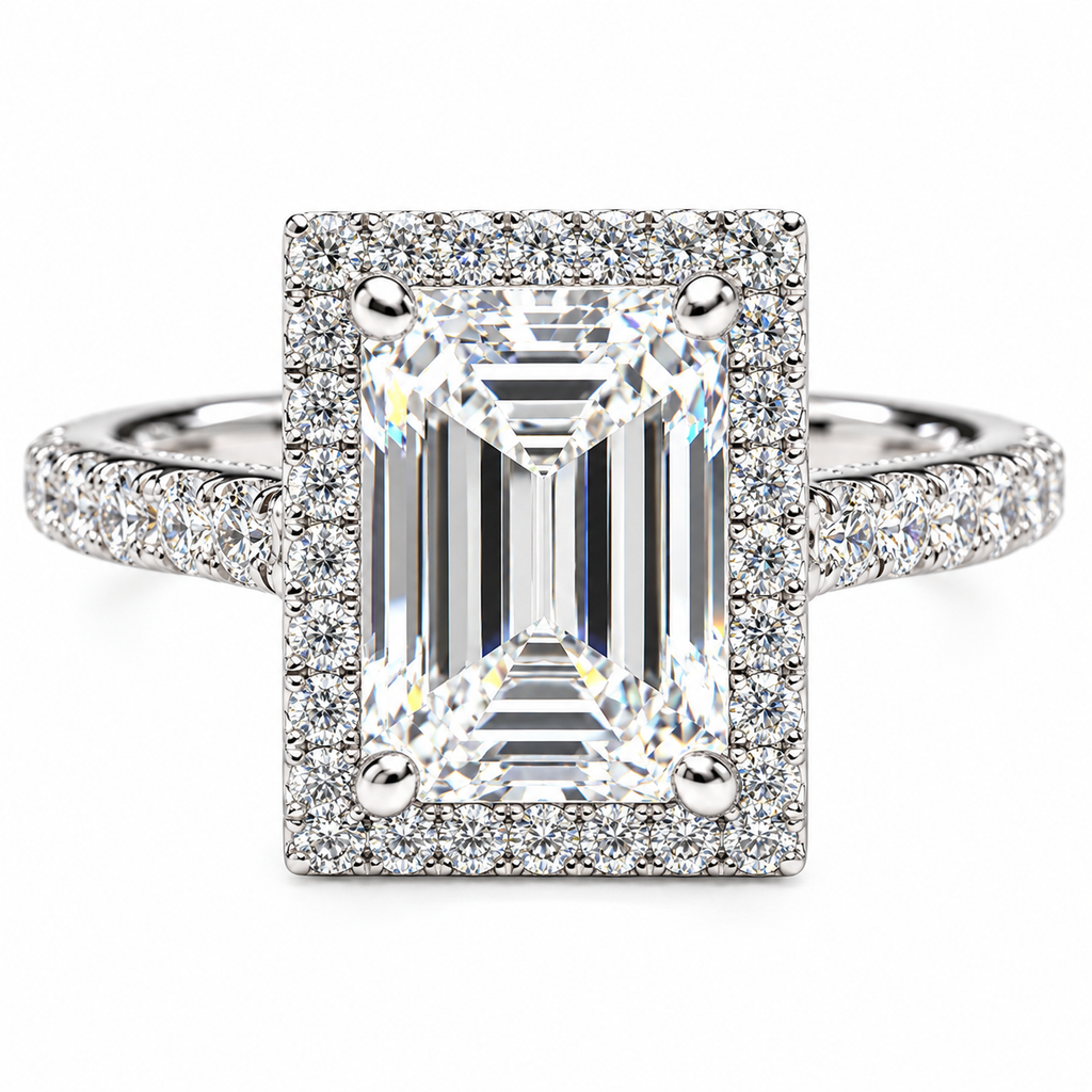 1.48ct Emerald Cut Halo Lab Grown Diamond Ring 14k White Gold
