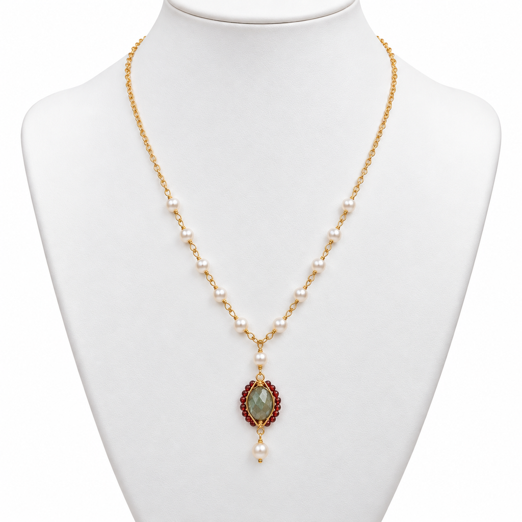 Freshwater Pearl , Garnet and Laboradonite Necklace
