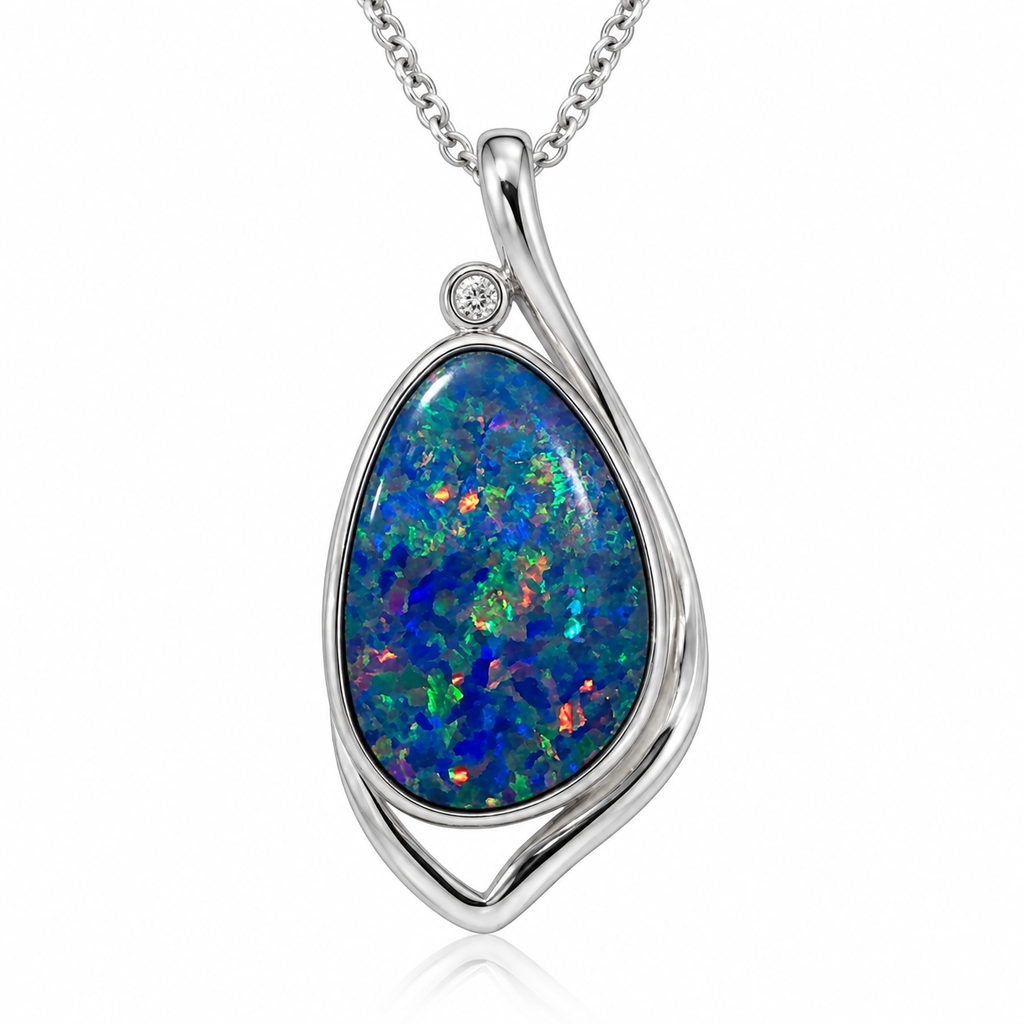 Australian Opal Deep Blue & Green Silver 925 CZ Pendant
