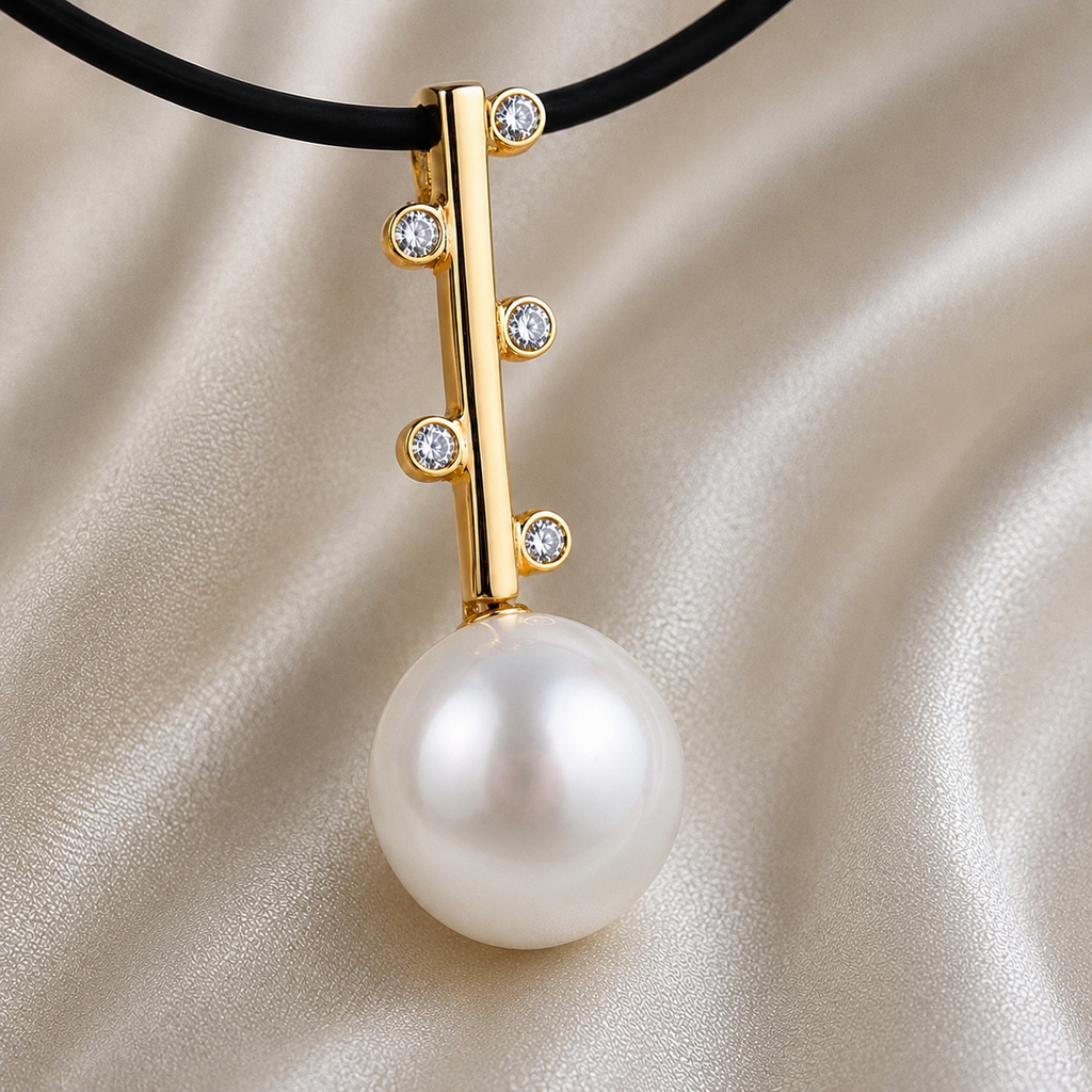 Cultured Freshwater Pearl Gold and CZ Staircase to the Moon Pendant